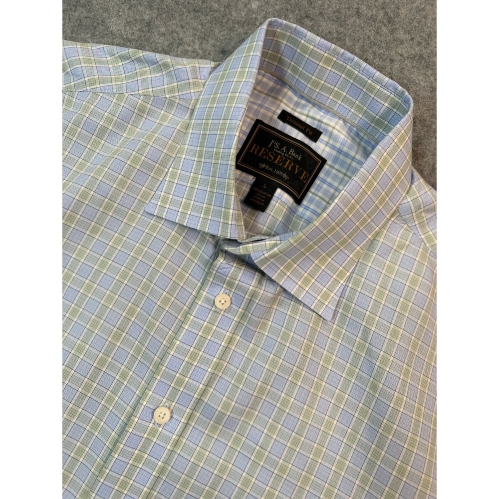 Jos. A. Bank Reserve Tailored Fit Shirt Mens Large Blue Green Plaid Cotton L/S